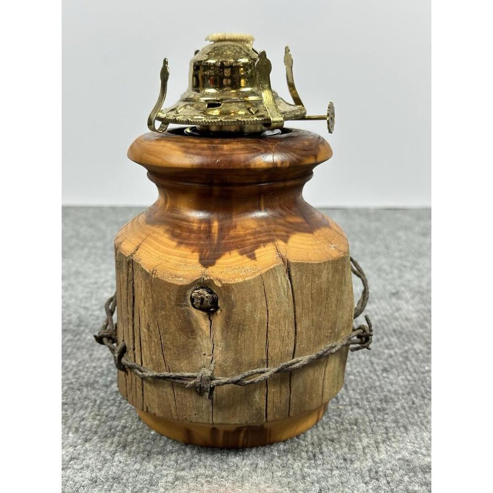 VTG Antique Wood Fence Post Wrapped Bard Wire Oil Lamp Base Mountain Woodworking